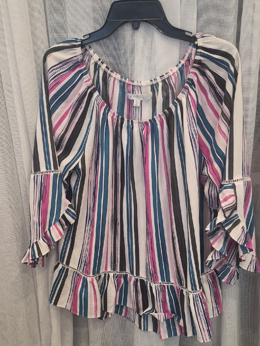 FEVER Striped Ruffle Hem Blouse in Pink, Blue, Black, Cream
